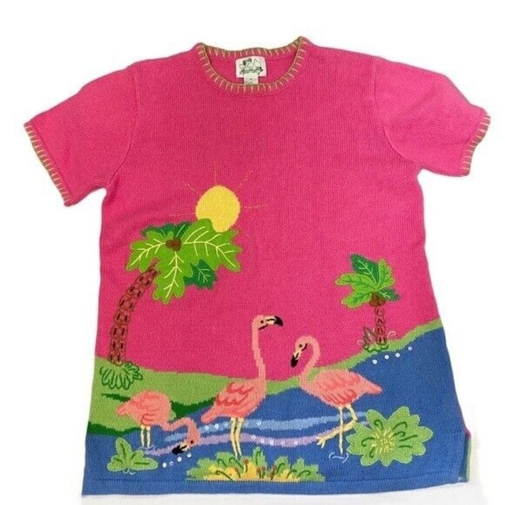 The Quacker Factory Pink Flamingo Embroidered Short Sleeve Sweater Sz Med Tropic